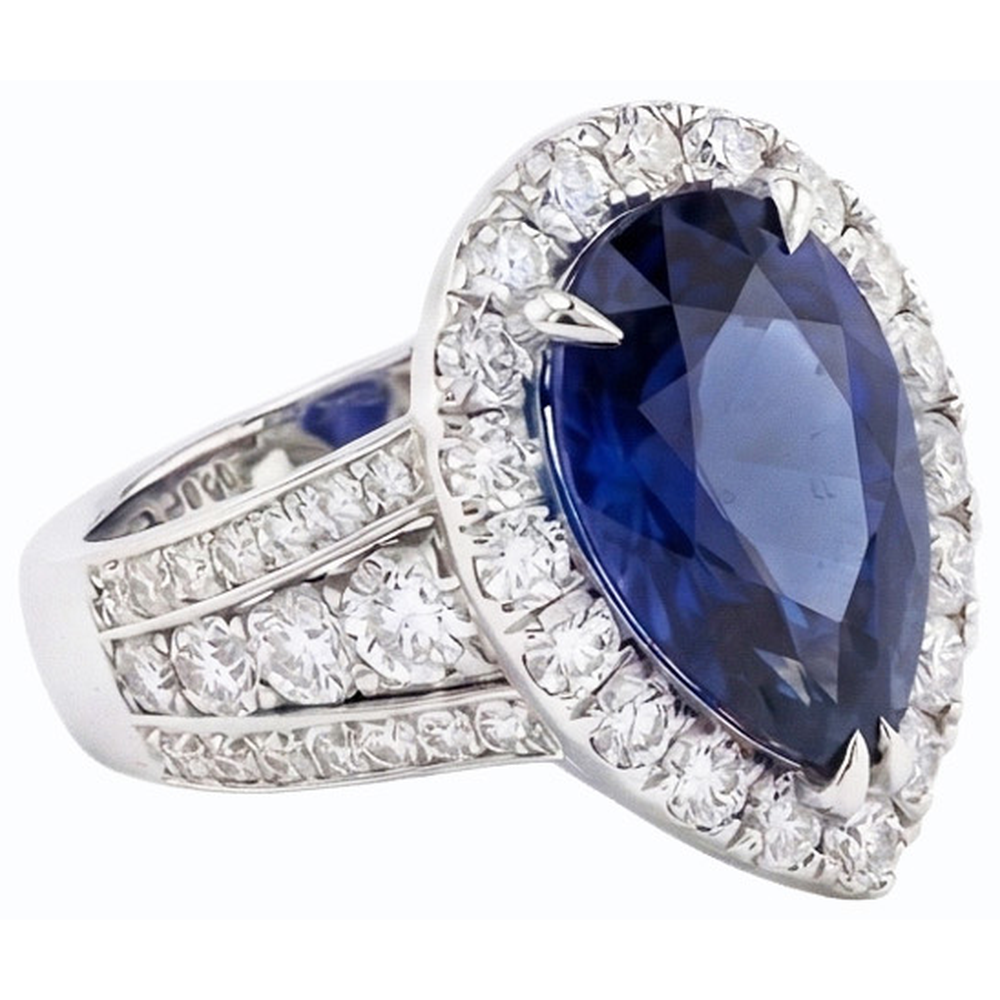 Women Halo Blue Sapphire Wedding Ring Set & Natural Earth Mined Diamonds 6 Carats