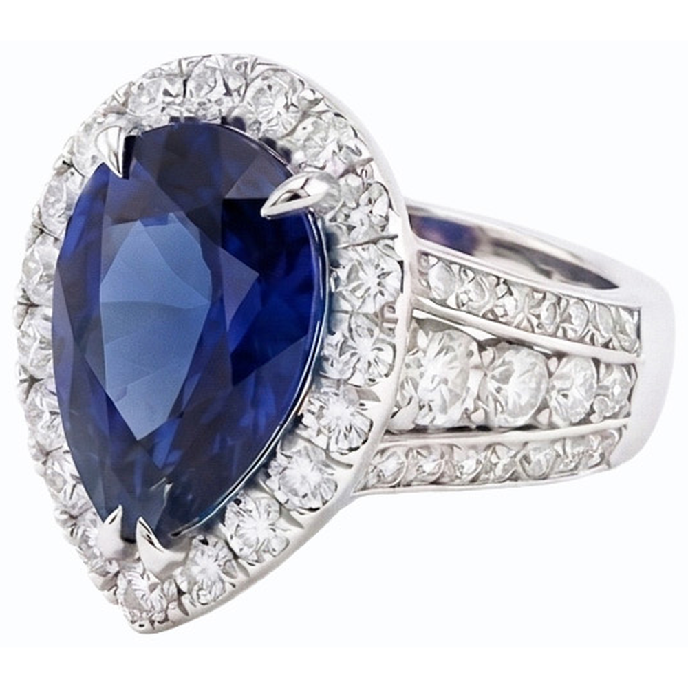 Women Halo Blue Sapphire Wedding Ring Set & Natural Earth Mined Diamonds 6 Carats