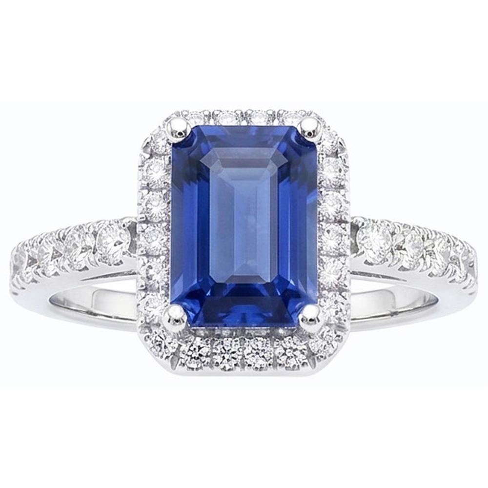Women Halo Emerald Blue Sapphire Ring 4 Carats Natural Earth Mined Diamond Jewellery