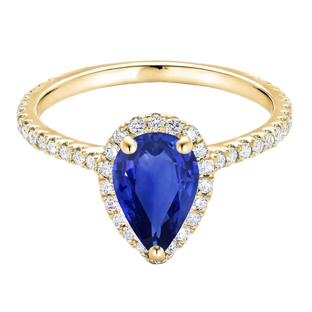 Women Halo Natural Earth Mined Diamond Ring Pear Sri Lankan Sapphire 5 Carats