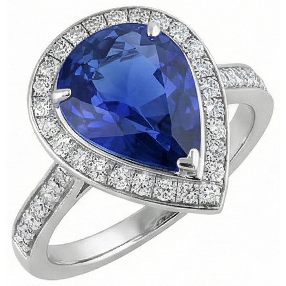 Women Halo Wedding Ring Pear Blue Sapphire & Natural Earth Mined DIAMOND ( NOT LAB GROWN )s 4.50 Carats