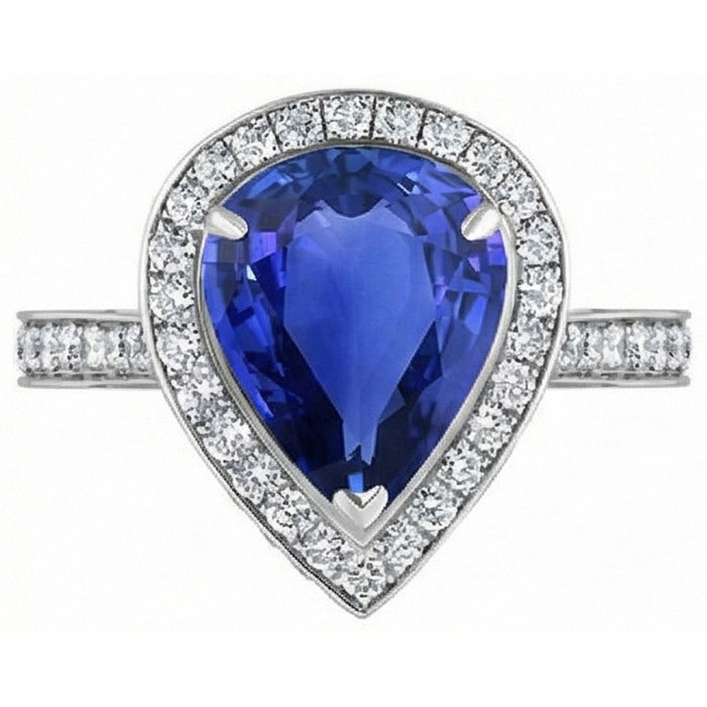 Women Halo Wedding Ring Pear Blue Sapphire & Natural Earth Mined DIAMOND ( NOT LAB GROWN )s 4.50 Carats