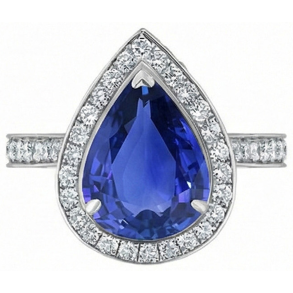 Women Halo Wedding Ring Pear Blue Sapphire & Natural Earth Mined DIAMOND ( NOT LAB GROWN )s 4.50 Carats