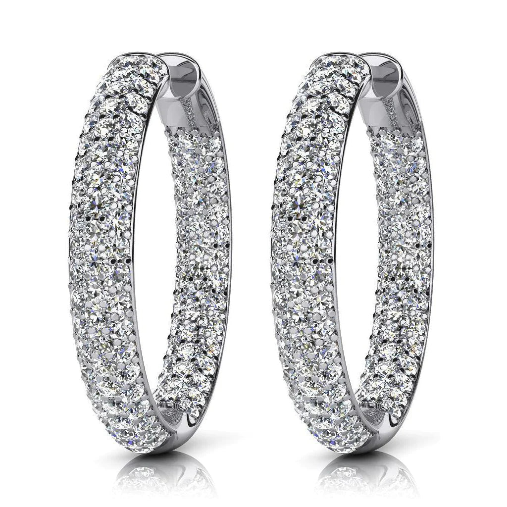 Women Hoop Earrings 10.20 Ct Triple Row Inside Out Real Diamonds White