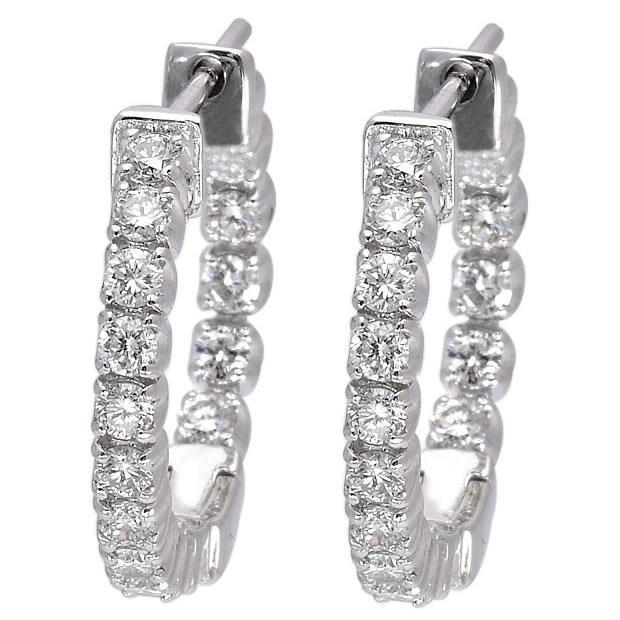 Women Hoop Earrings 4.80 Carats Round Cut Genuine Diamonds 14K White Gold