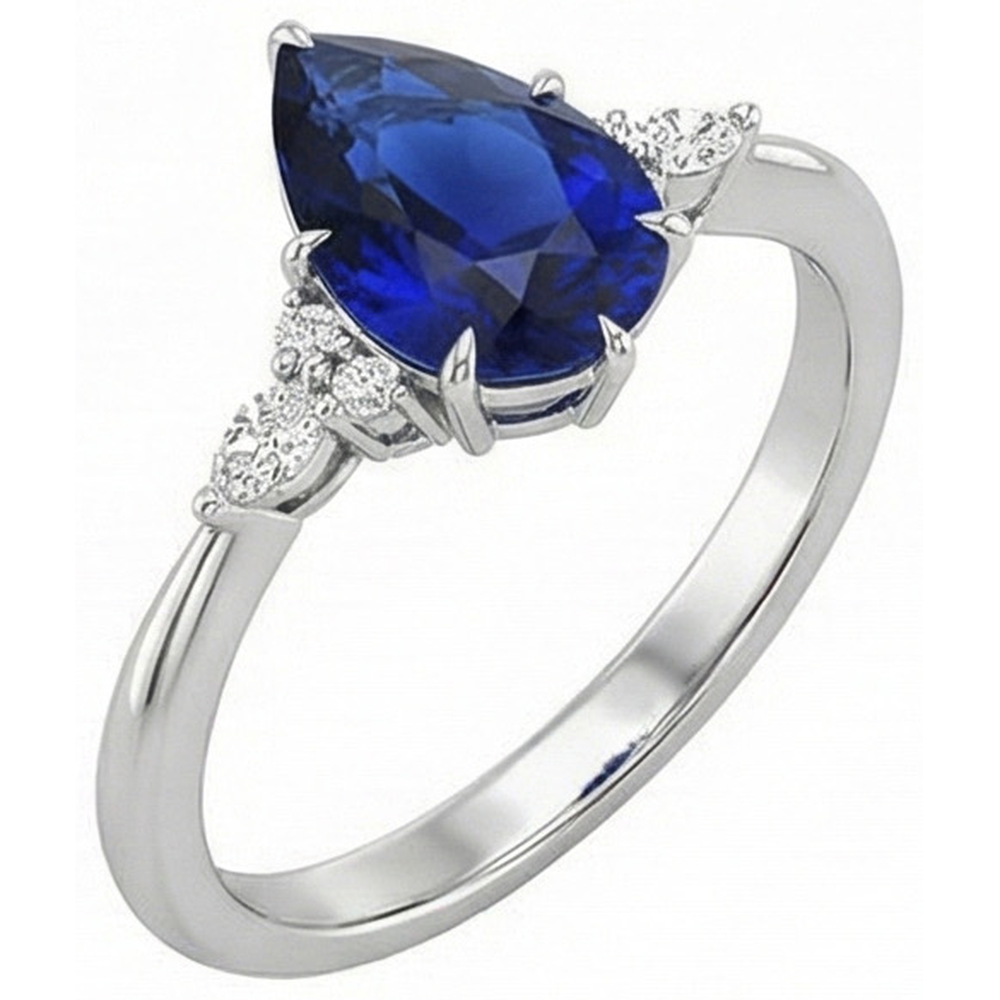 Women Natural Earth Mined Diamond Anniversary Ring Pear Cut Blue Sapphire Center 5 Carats