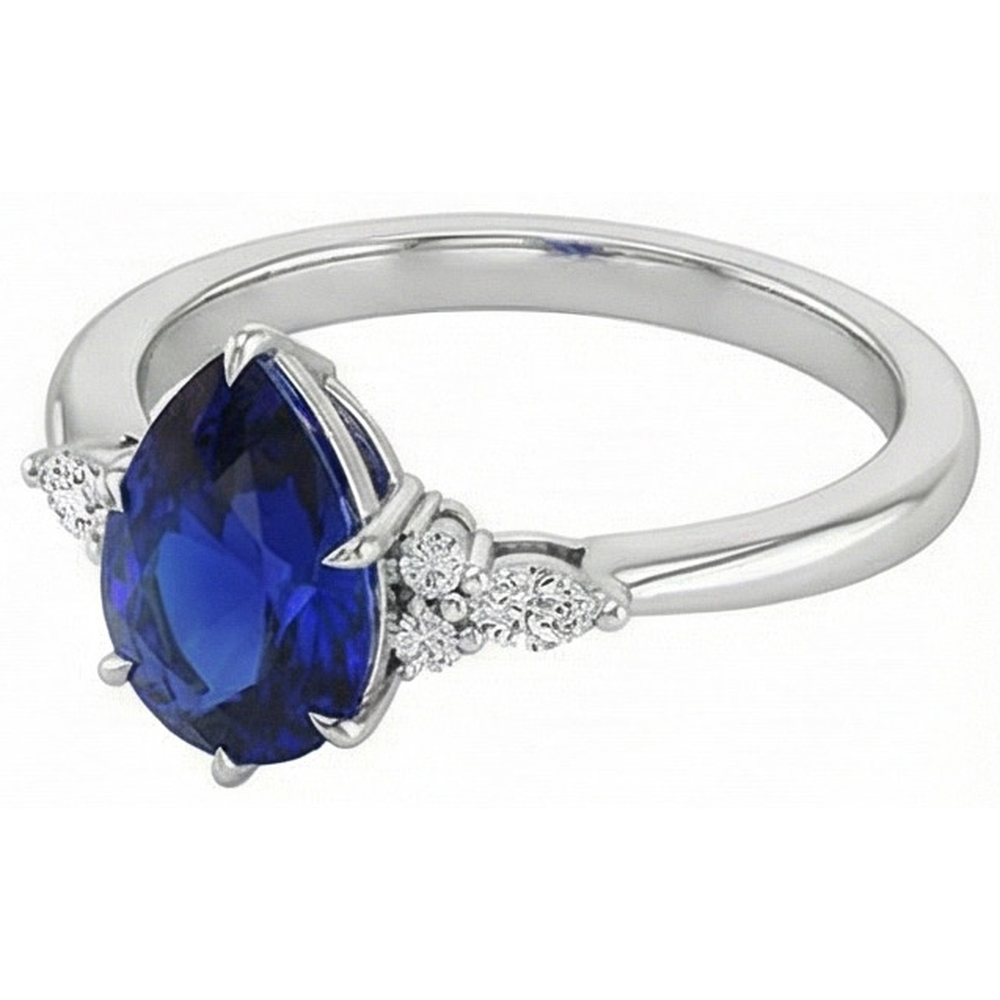 Women Natural Earth Mined Diamond Anniversary Ring Pear Cut Blue Sapphire Center 5 Carats