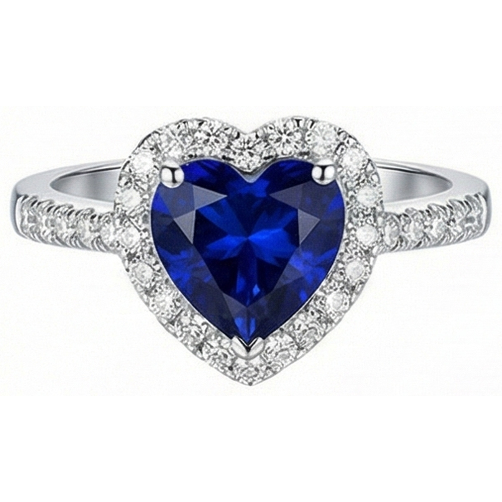 Women Natural Earth Mined Diamond Halo Heart Shaped Ring Blue Sapphire 4 Carats
