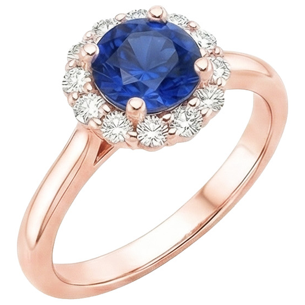 Women Natural Earth Mined Diamond Halo Ring Flower Style Blue Sapphire 3 Carats Rose Gold