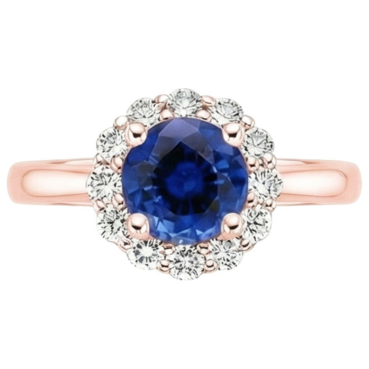 Women Natural Earth Mined Diamond Halo Ring Flower Style Blue Sapphire 3 Carats Rose Gold