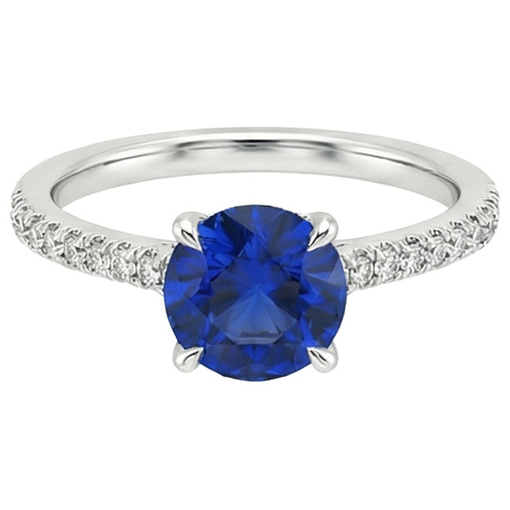 Women Natural Earth Mined Diamond Jewellery Accented Round Ceylon Sapphire 2.50 Carats Gold