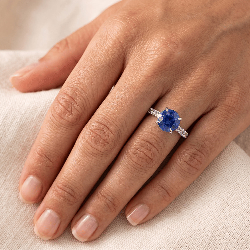 Women Natural Earth Mined Diamond Jewellery Accented Round Ceylon Sapphire 2.50 Carats Gold