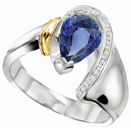 Women Natural Earth Mined Diamond Ring 2 Carats Pear Cut Blue SriLankan Sapphire Two Tone