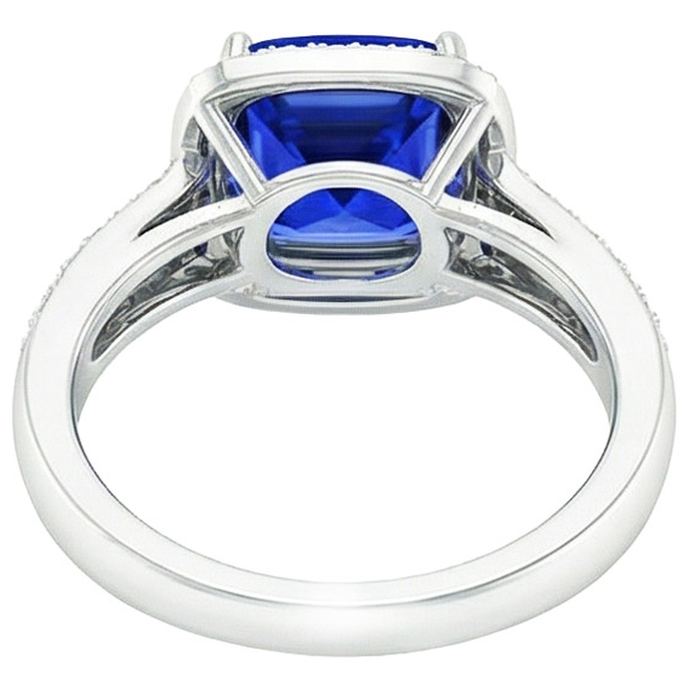 Women Natural Earth Mined Diamond Ring Cushion Halo Blue Sapphire With Accents 4.50 Carats