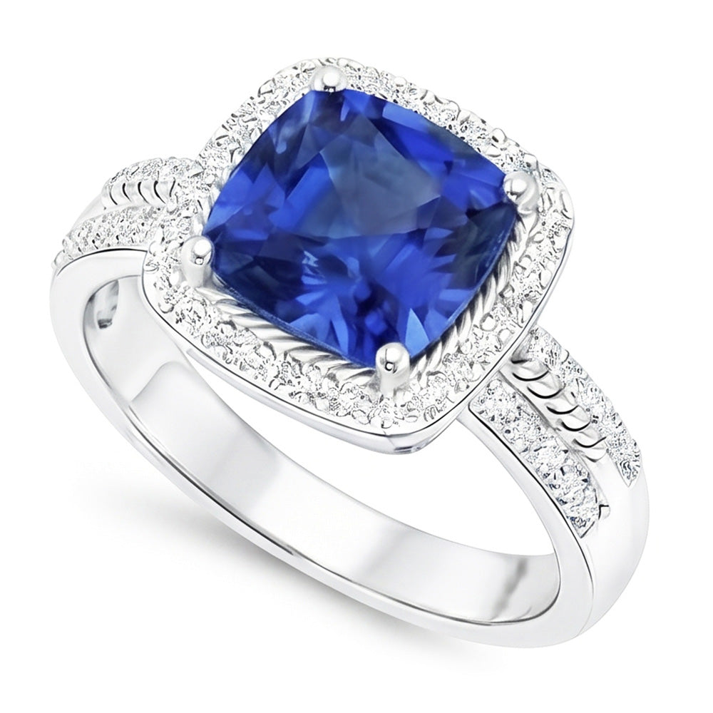 Women Natural Earth Mined Diamond Ring Cushion Halo Blue Sapphire With Accents 4.50 Carats