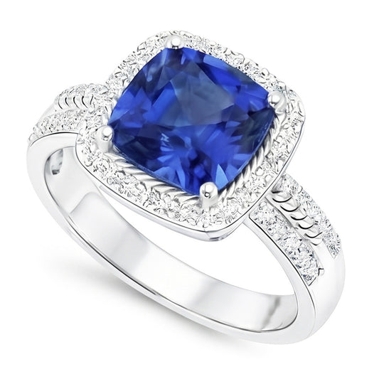 Women Natural Earth Mined Diamond Ring Cushion Halo Blue Sapphire With Accents 4.50 Carats