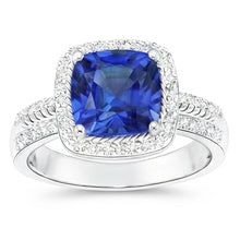 Women Natural Earth Mined Diamond Ring Cushion Halo Blue Sapphire With Accents 4.50 Carats