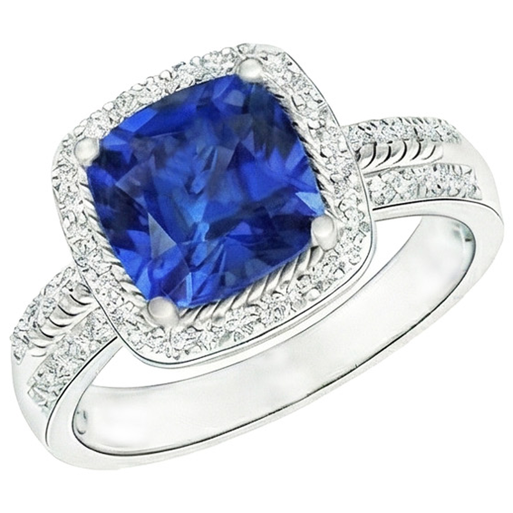 Women Natural Earth Mined Diamond Ring Cushion Halo Blue Sapphire With Accents 4.50 Carats