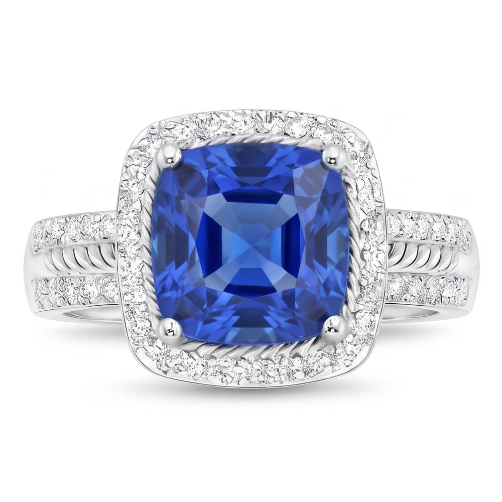 Women Natural Earth Mined Diamond Ring Cushion Halo Blue Sapphire With Accents 4.50 Carats