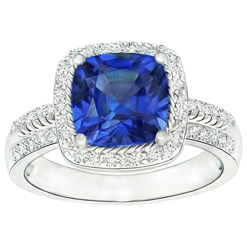 Women Natural Earth Mined Diamond Ring Cushion Halo Blue Sapphire With Accents 4.50 Carats