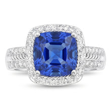 Women Natural Earth Mined Diamond Ring Cushion Halo Blue Sapphire With Accents 4.50 Carats