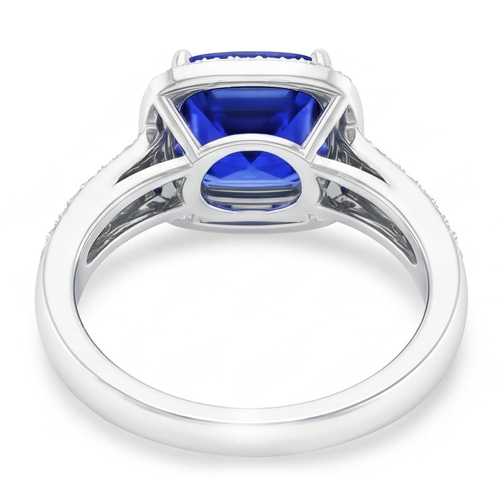 Women Natural Earth Mined Diamond Ring Cushion Halo Blue Sapphire With Accents 4.50 Carats
