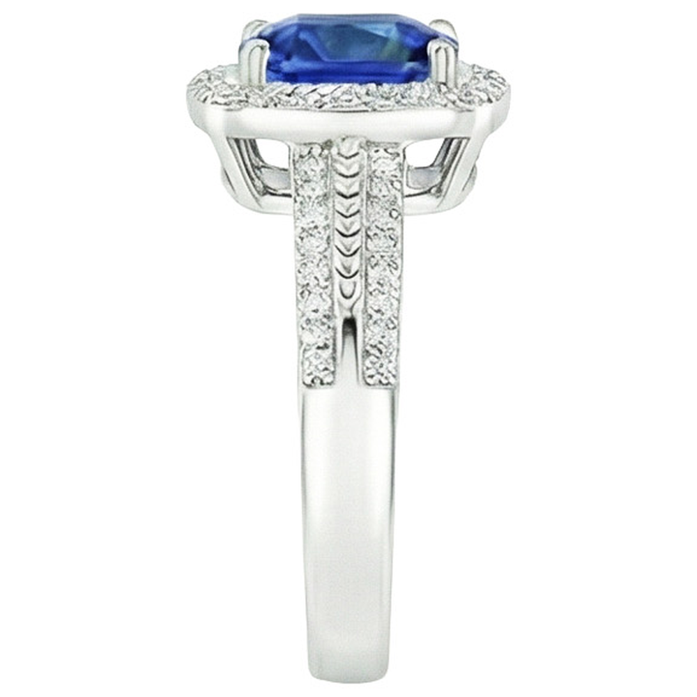 Women Natural Earth Mined Diamond Ring Cushion Halo Blue Sapphire With Accents 4.50 Carats