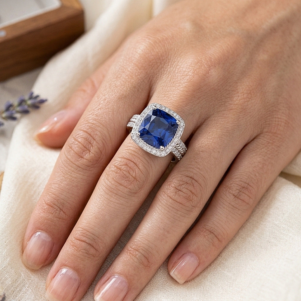Women Natural Earth Mined Diamond Ring Cushion Halo Blue Sapphire With Accents 4.50 Carats