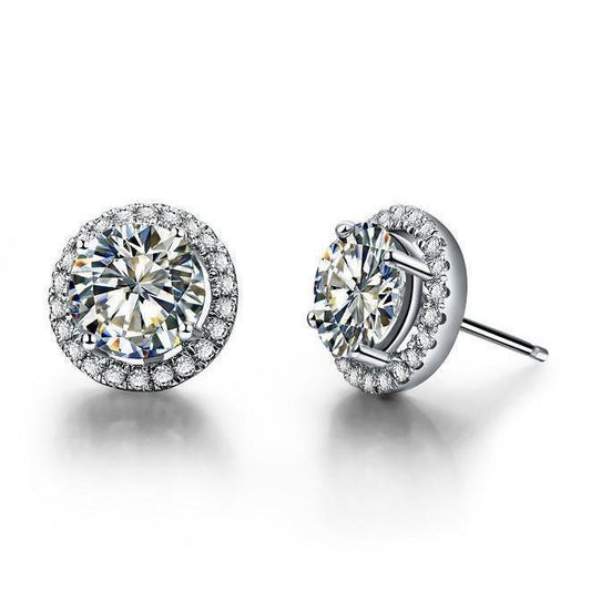 Women Round Genuine Diamond Halo Stud Earring Solid White Gold 14K 1.94 Carats
