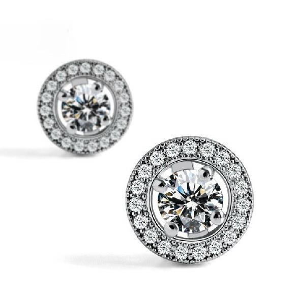 Women Round Halo Genuine Diamond Stud Earring White Gold Jewelry 1.98 Carats