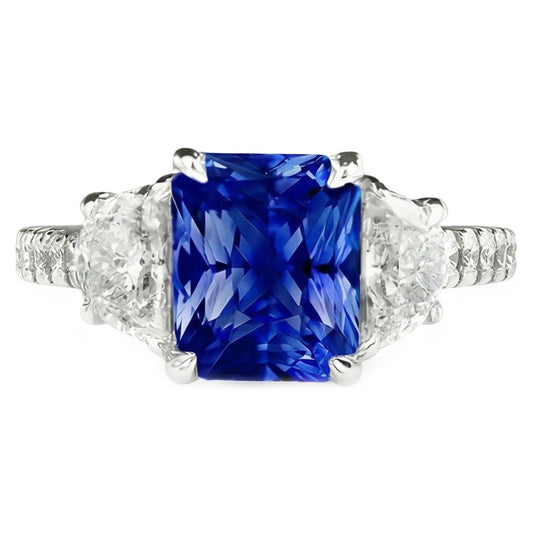 Women Sapphire Ring Half Moon Round Accents 3 Stone Style 3.50 Carats