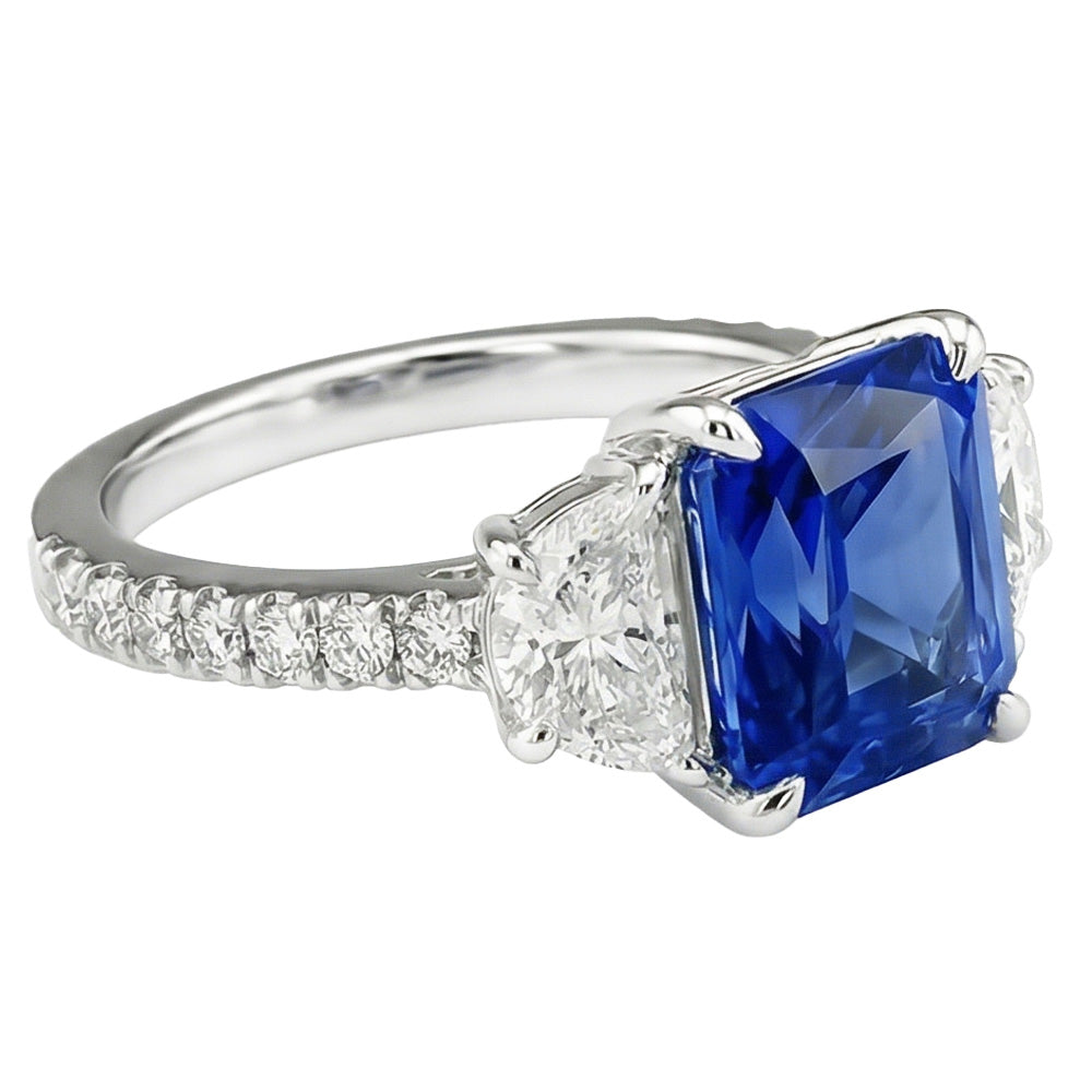 Women Sapphire Ring Half Moon Round Accents 3 Stone Style 3.50 Carats