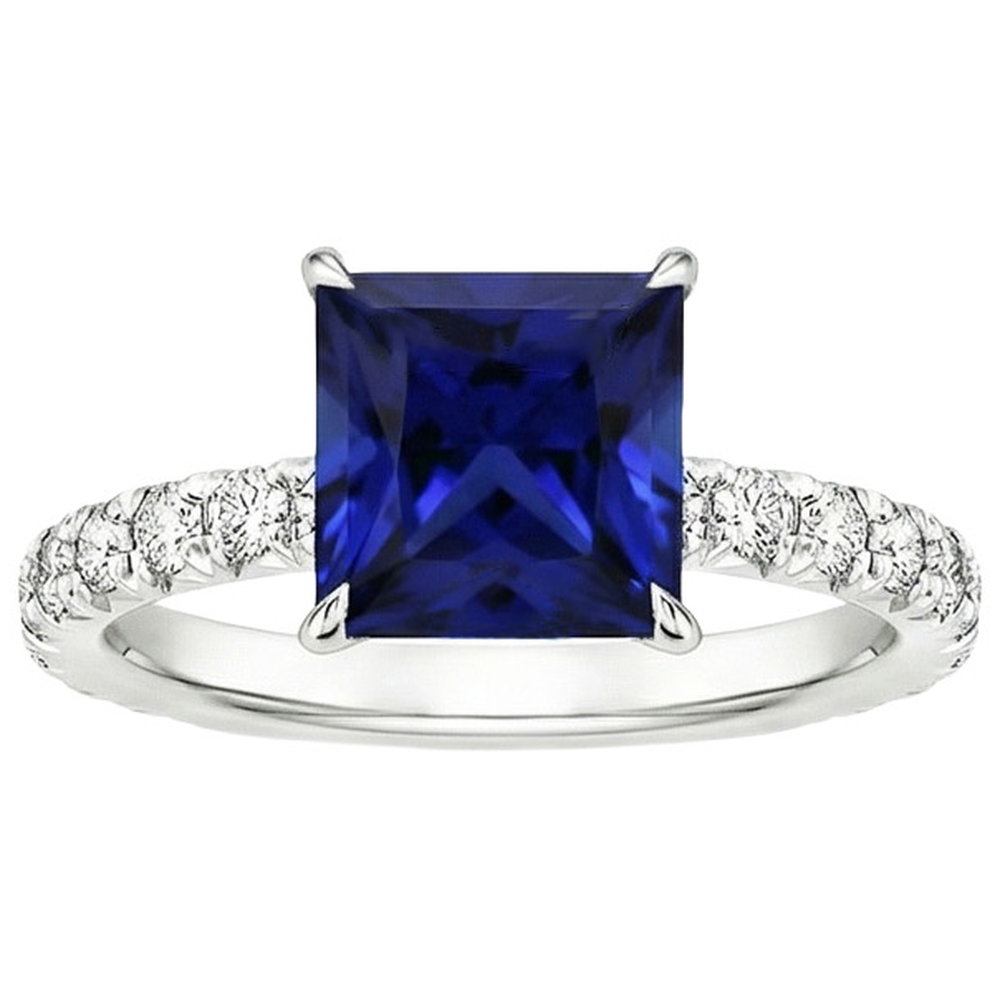 Women Solitaire Accent Ring Blue Sapphire and Natural Earth Mined Diamond 5.5 Carat