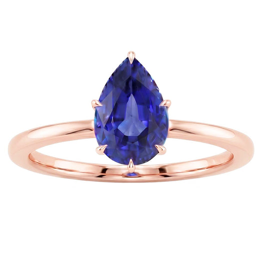 Women Solitaire Ring Rose Gold Pear Ceylon Sapphire Prong Set 4 Carats