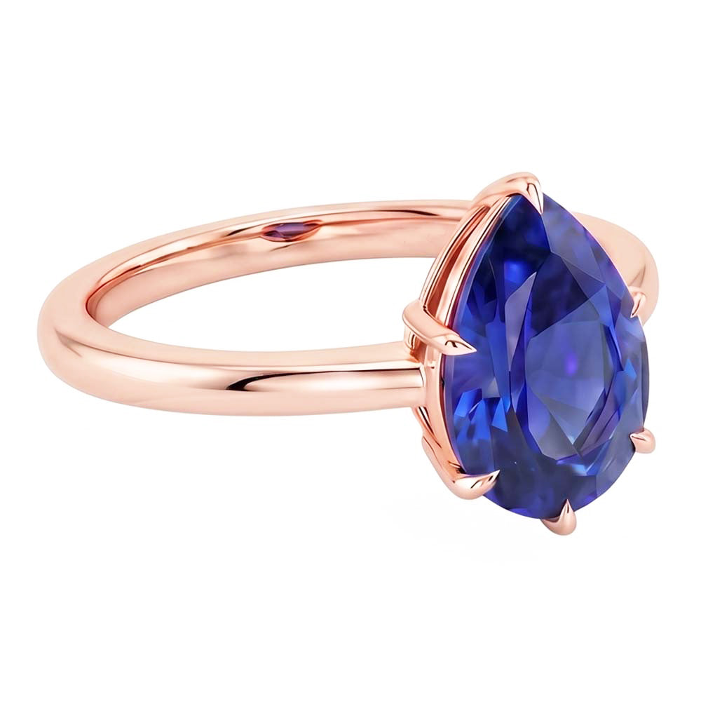 Women Solitaire Ring Rose Gold Pear Ceylon Sapphire Prong Set 4 Carats