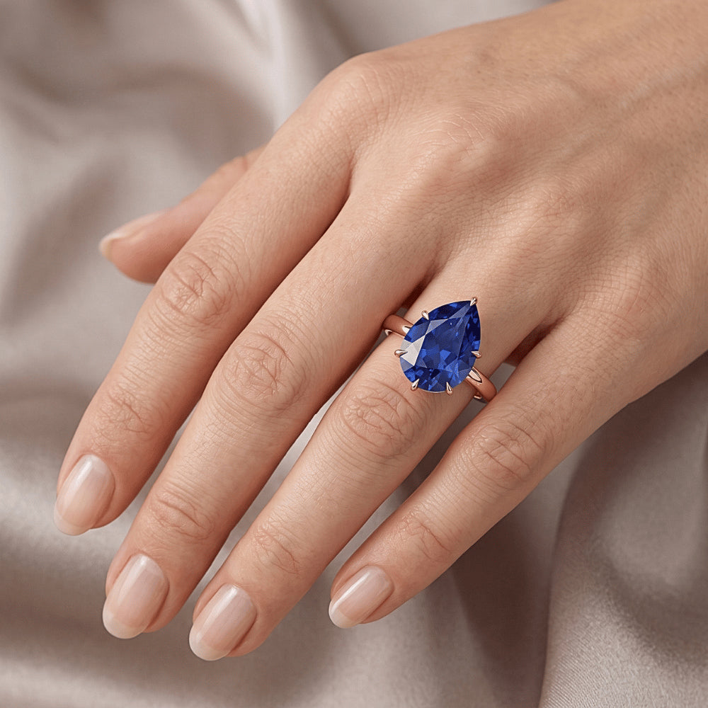 Women Solitaire Ring Rose Gold Pear Ceylon Sapphire Prong Set 4 Carats