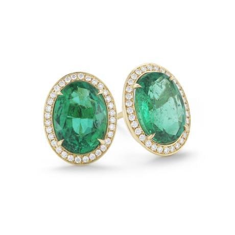 Women Studs Halo Earrings 10.80 Carats Green Emerald And Diamonds Yg 14K
