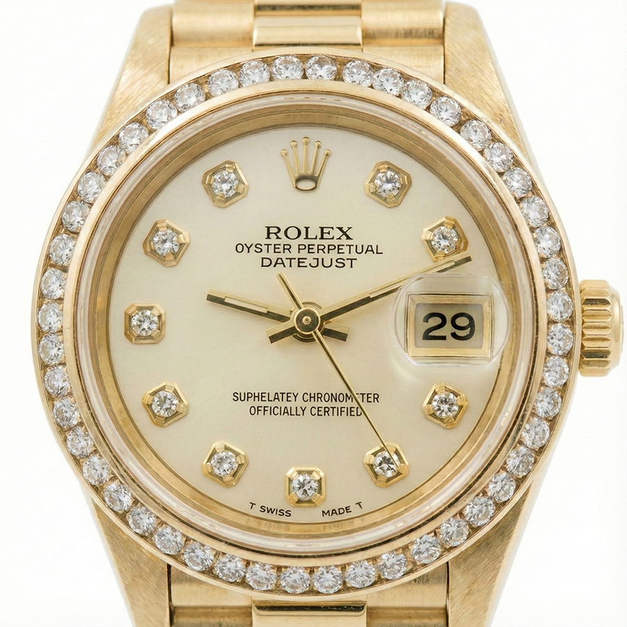 Women Rolex President Datejust Diamond Dial Bezel Watch