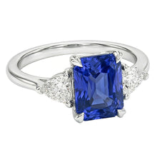 Women's 3 Stone Radiant Sapphire Ring & Trillion Natural Earth Mined Diamonds 2.25 Carats