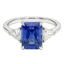 Women's 3 Stone Radiant Sapphire Ring & Trillion Natural Earth Mined Diamonds 2.25 Carats