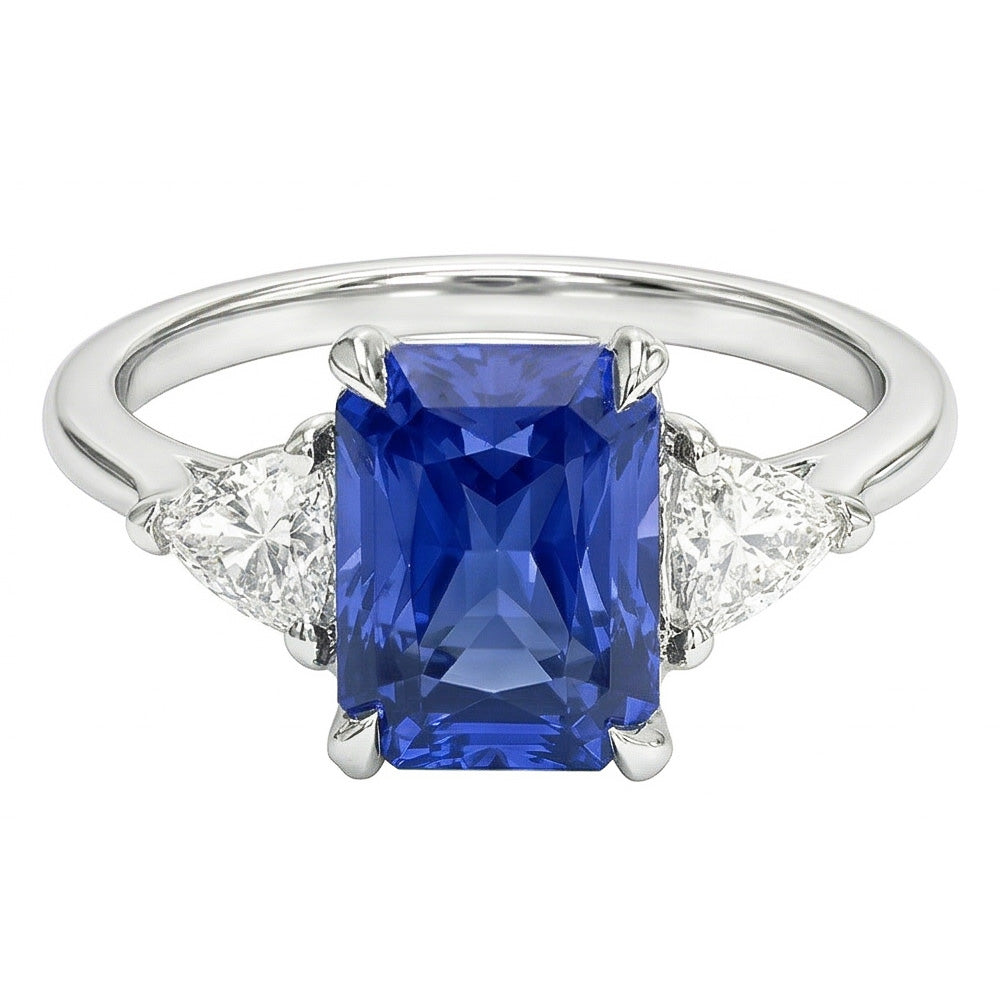 Women's 3 Stone Radiant Sapphire Ring & Trillion Natural Earth Mined Diamonds 2.25 Carats