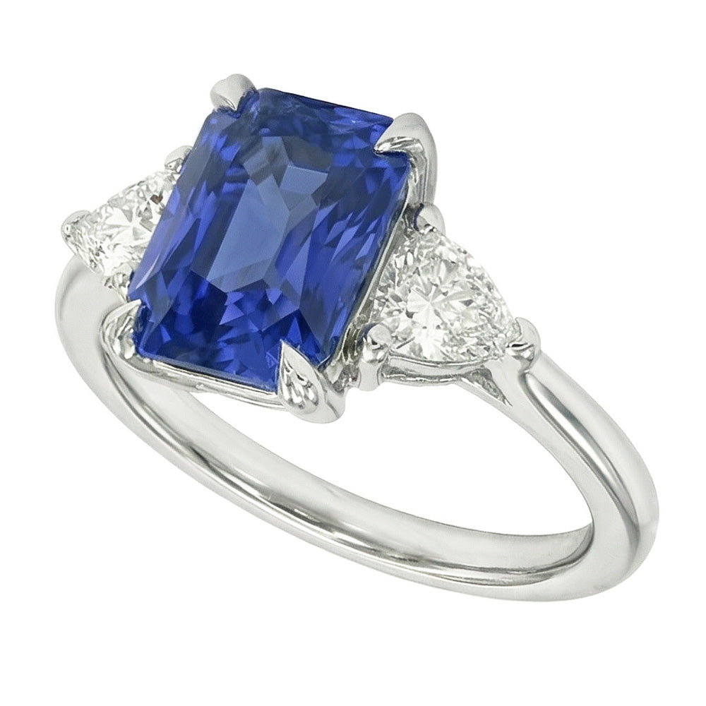 Women's 3 Stone Radiant Sapphire Ring & Trillion Natural Earth Mined Diamonds 2.25 Carats