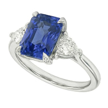 Women's 3 Stone Radiant Sapphire Ring & Trillion Natural Earth Mined Diamonds 2.25 Carats