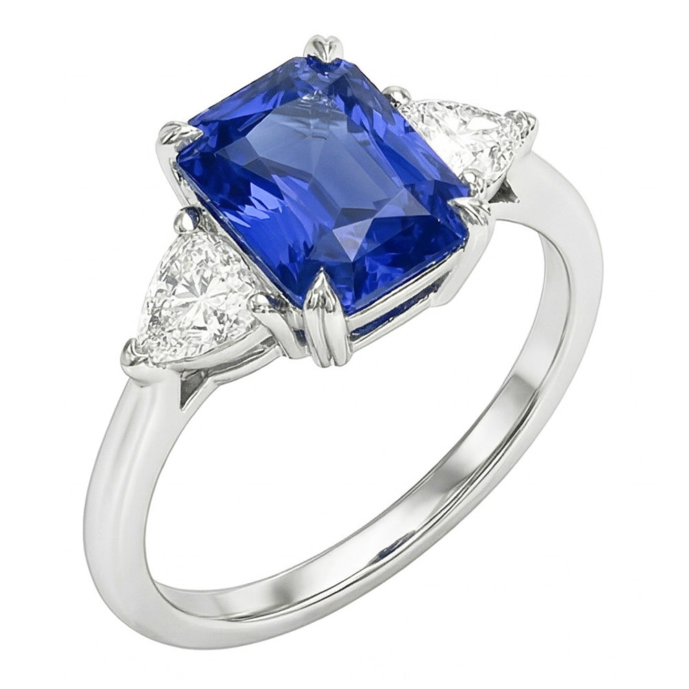 Women's 3 Stone Radiant Sapphire Ring & Trillion Natural Earth Mined Diamonds 2.25 Carats