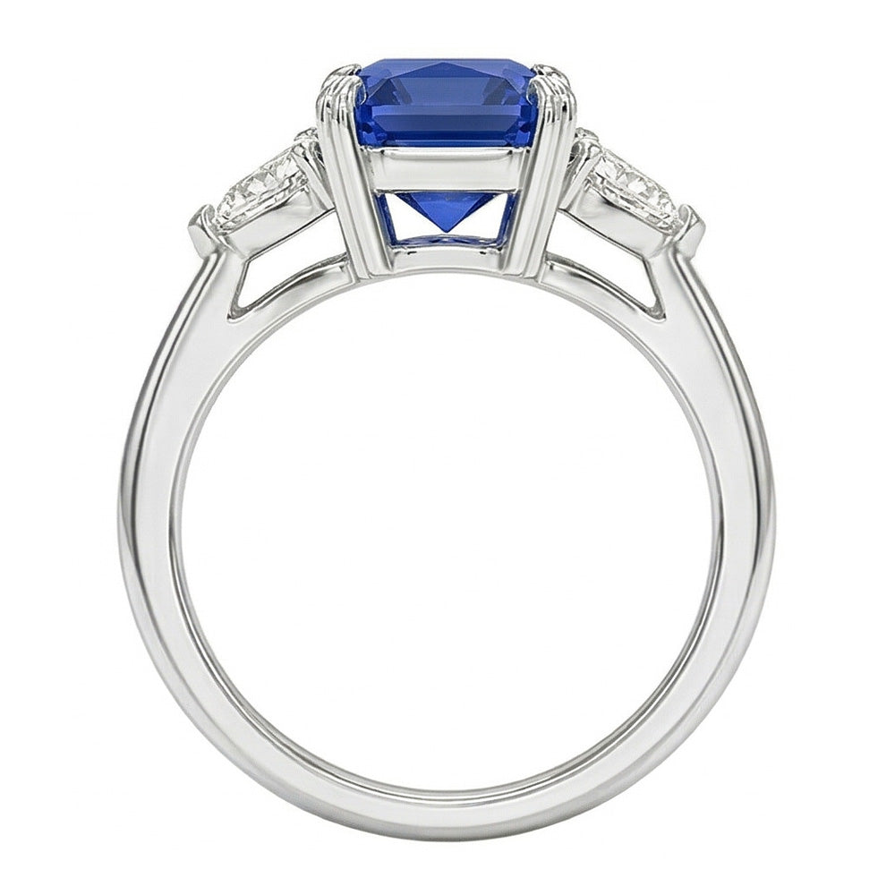Women's 3 Stone Radiant Sapphire Ring & Trillion Natural Earth Mined Diamonds 2.25 Carats