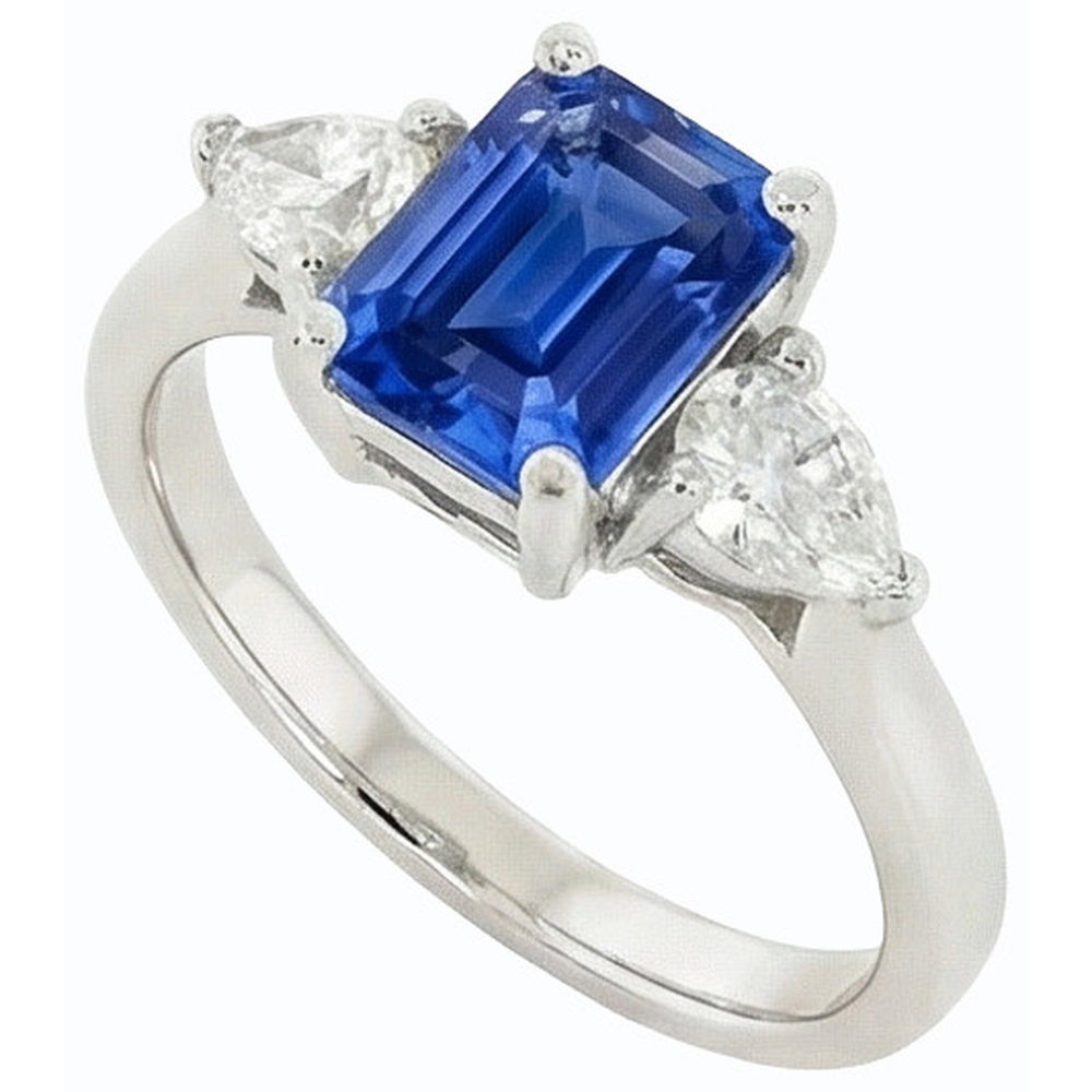 Women's 3 Stone Ring Emerald Ceylon Sapphire & Pear Natural Earth Mined Diamonds 2 Carats