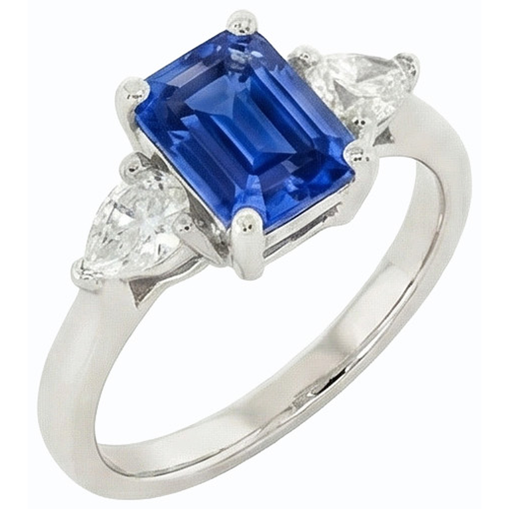 Women's 3 Stone Ring Emerald Ceylon Sapphire & Pear Natural Earth Mined Diamonds 2 Carats