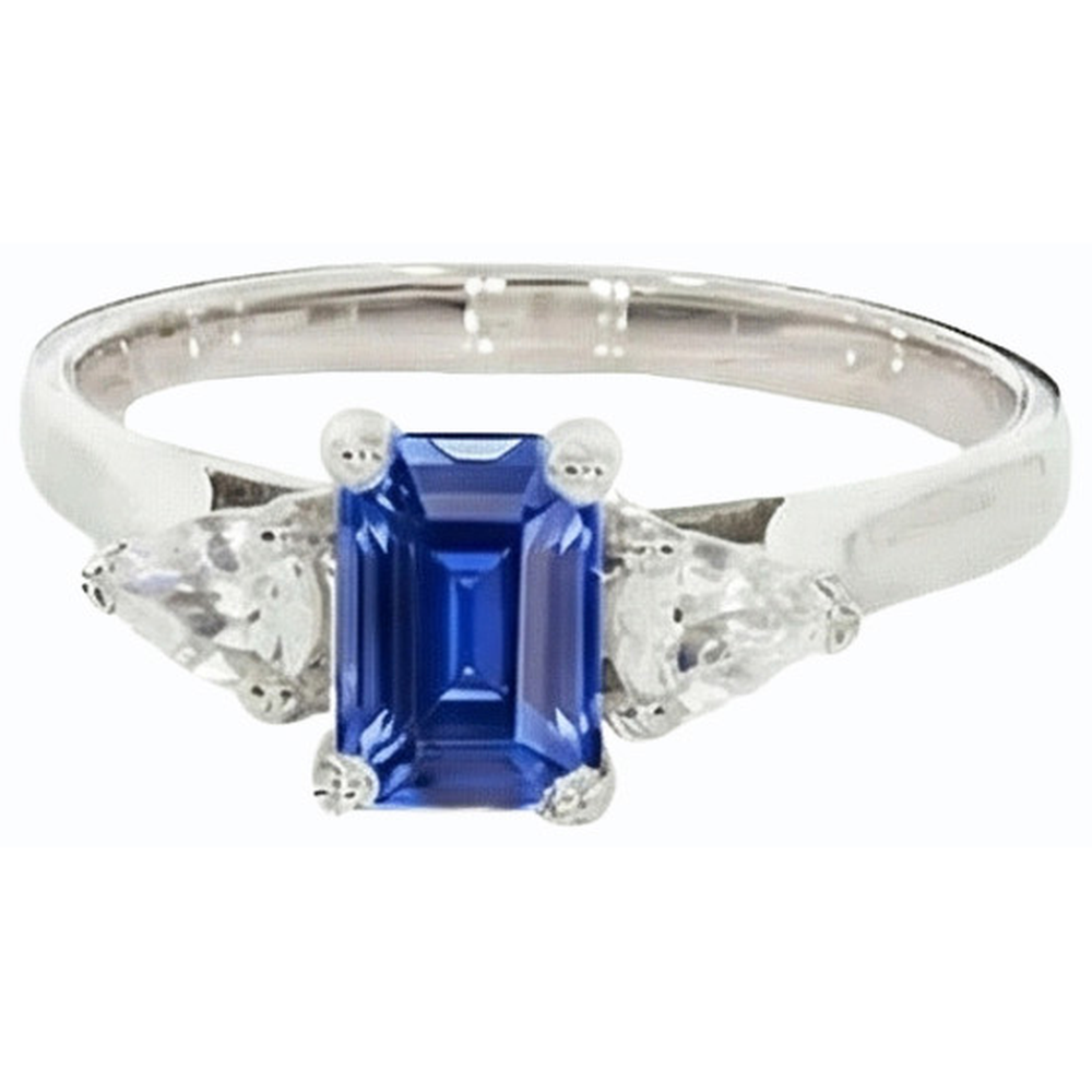 Women's 3 Stone Ring Emerald Ceylon Sapphire & Pear Natural Earth Mined Diamonds 2 Carats