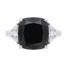 Women's Black Engagement Ring 3.6 Carat Real Cushion Diamond Trilliant Three Stone 14K White Gold