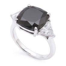 Women's Black Engagement Ring 3.6 Carat Real Cushion Diamond Trilliant Three Stone 14K White Gold